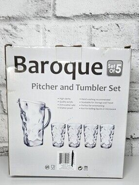 Baroque Acrylic Pitcher and Tumbler Set 5 Piece Outdoor Drinkware NIB